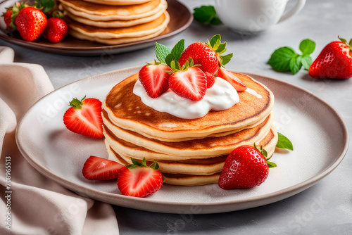 Crepes, thin pancakes with cream cheese, ricotta filling and fresh strawberries on gray background.