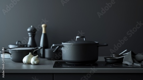  a group of pots and pans sitting on top of a stove top next to a garlic clove and a pair of wooden utensils on a counter.