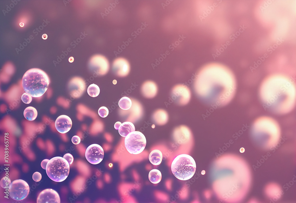 Bunch of snowflakes floating in the air with bubbles on them and blurry background of pink and purple.