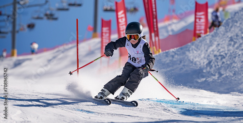 a young skier carefully skis down a slalom course while