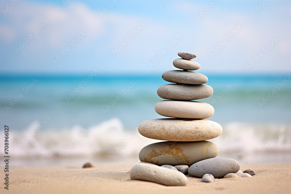 Rock balancing. Stones piled in balanced stacks in front of blurry beach background with copy space