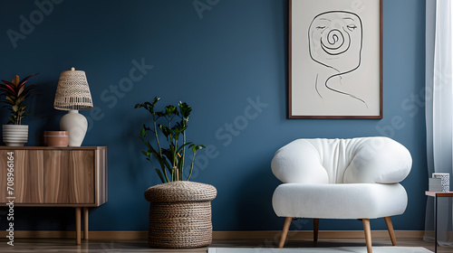 Elegant modern living room interior design with fluffy armchair, pouf, wooden commode, mock up poster frame and modern home accessories. Blue wall. Template. Copy space,interior,,fragmented architectu photo