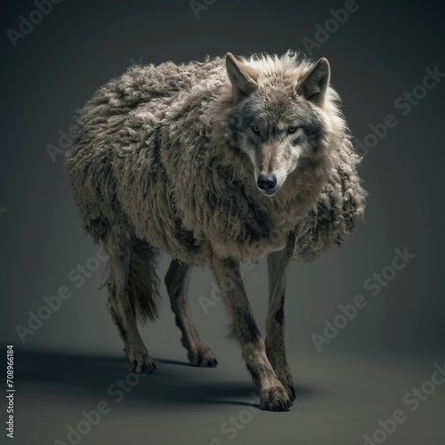 wolf in the skin of a sheep, concept image for englisch saying "Wolf in sheep's clothing"