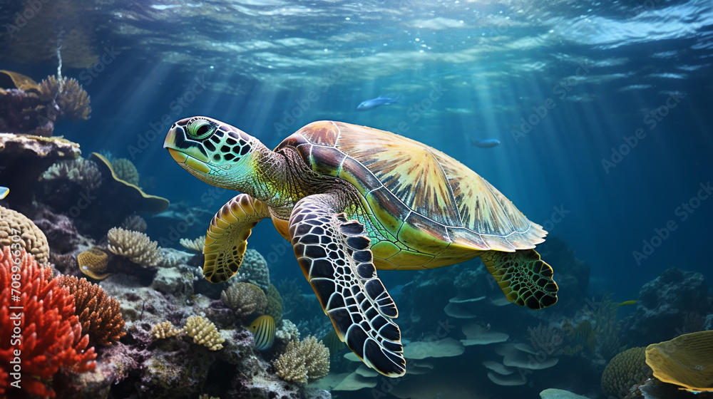 Green Sea Turtle Under Water with Coral Reef