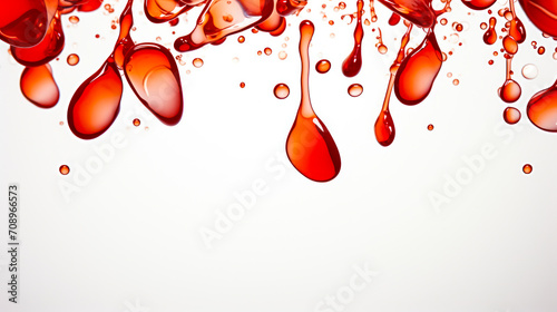 Vivid scarlet droplets in freefall against a pristine white backdrop, symbolizing medical research, donation, and the fluidity of life