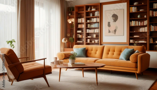 Sofa and bookcases. Mid-century style home interior design of modern living room photo