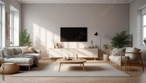 Minimalist modern living room interior background. Living room mock-up in Scandinavian style. Empty wall mockup. © AT