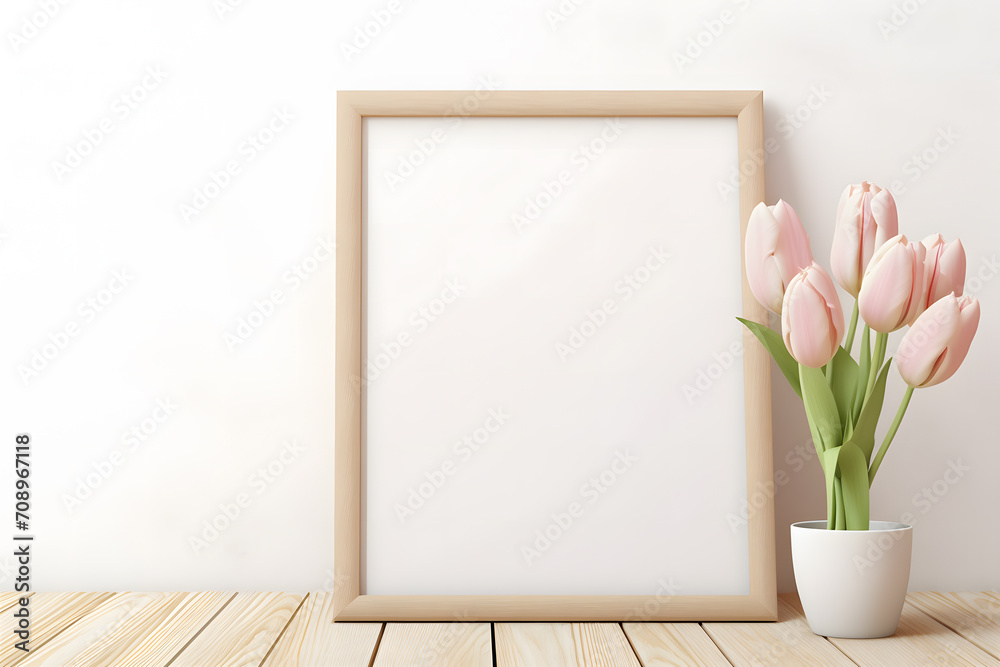 One wooden empty picture frame next to tulip spring flowers in vase in front of white wall. Poster mockup - obrazy, fototapety, plakaty 