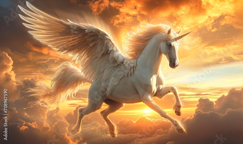 Majestic white Pegasus with expansive wings soaring through a dramatic sunset sky  embodying freedom and the power of myth and legend
