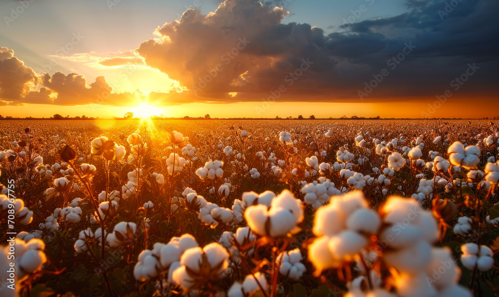 Breathtaking sunset over a vibrant cotton field, with warm sunlight bathing the fluffy cotton bolls in a golden hue against a dramatic sky