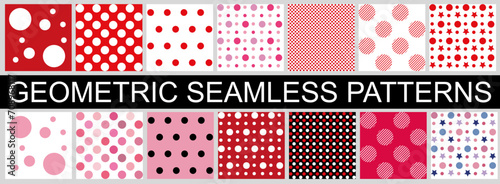 A set of fashionable polka dot patterns in pink and red tones.