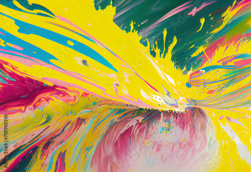 An abstract painting of a multicolored background with a white and yellow stripe on the bottom of the image and the bottom of the image hyper realistic.