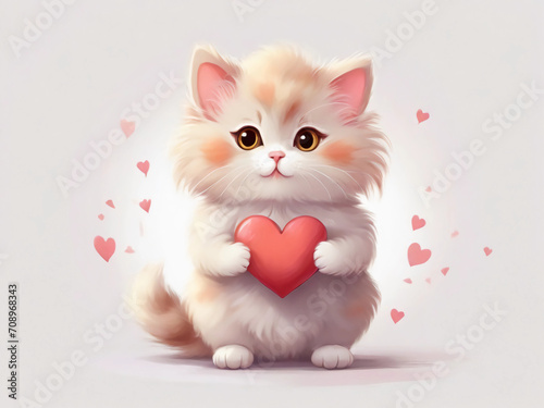 Cute fluffy kitty cat holding heart for Valentine's day. 