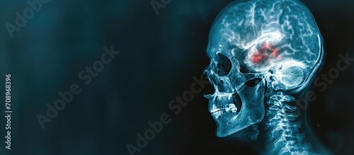 Gunshot wound with traumatic brain injury shown as metallic foreign body in skull x-ray. photo