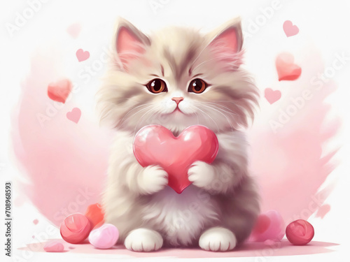 Cute fluffy kitty cat holding heart for Valentine's day.	