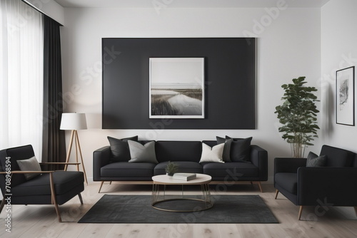 Modern interior of living room with black sofa  © Marko