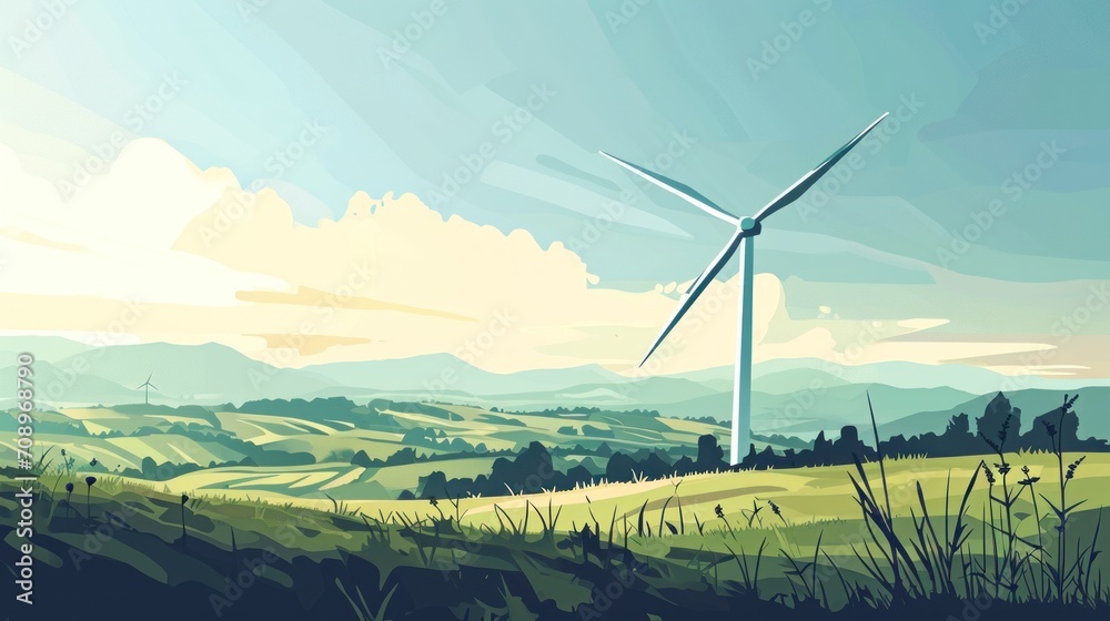 a painting of a wind turbine in the middle of a green field with hills ...