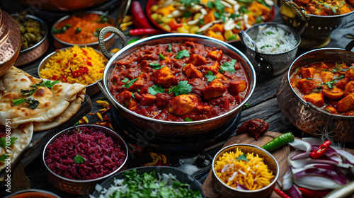 indian food feast with chicken tikka masala curry, tandoori chicken and appetizers photo