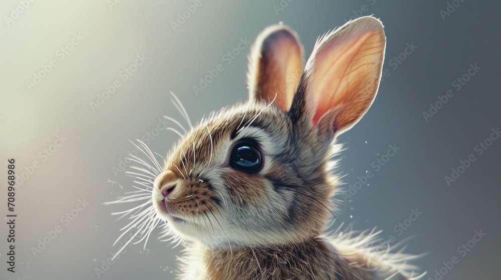 Obraz premium a close up of a rabbit's face with a blurry background and a soft focus on the rabbit's ear and nose, with a blurry background.