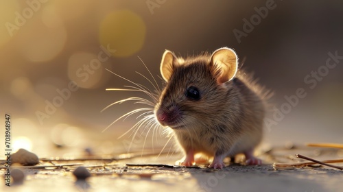  a close up of a small rodent on the ground with a blurry back ground and boke of light coming from the top of the mouse s head.
