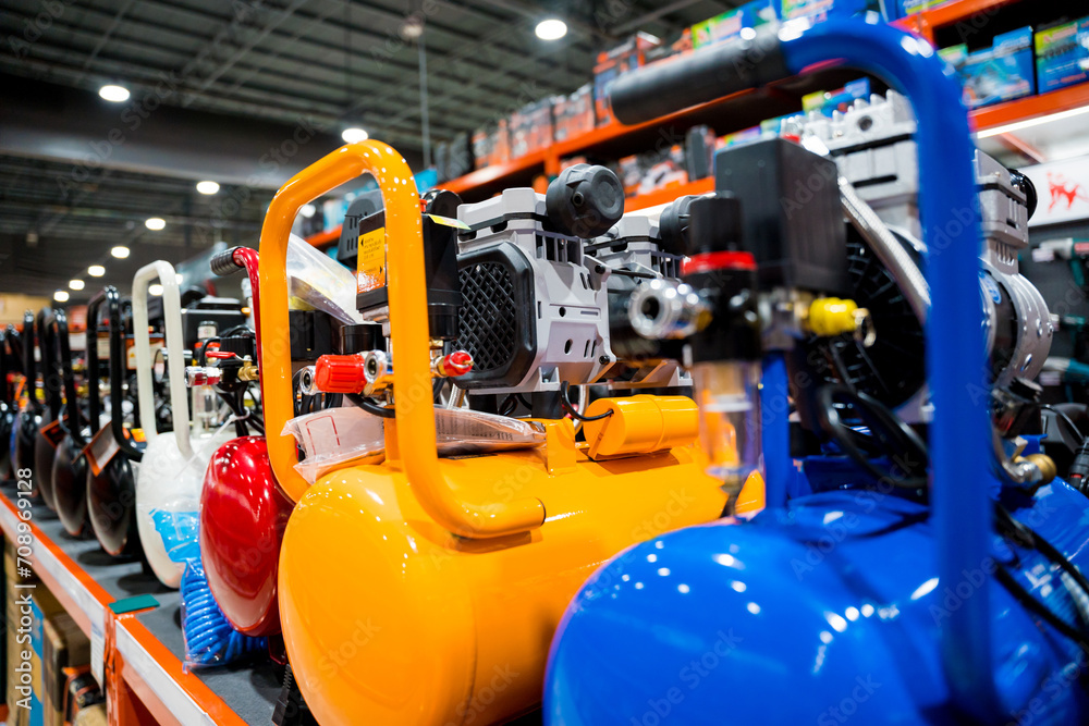 Showcase in shop of new air compressors Showcase in shop of new air compressors