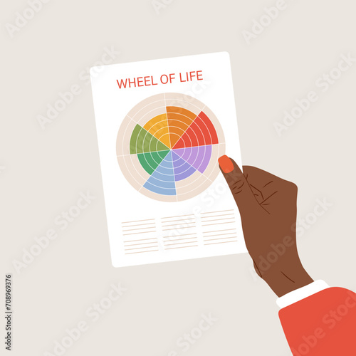 The Wheel of life. Woman analysis her needs. African female hand holds sheet with circle diagram of life balance. Well-being concept. Vector illustration in cartoon style.