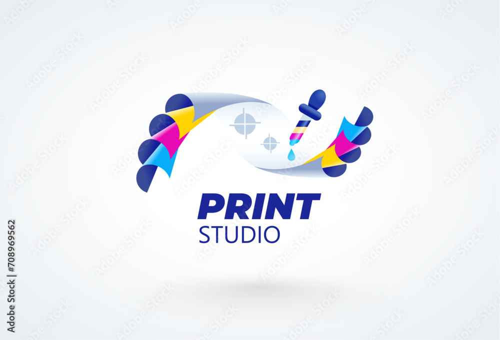 Print cmyk polygraphy logo. Cmyk sheets of paper and pipette ink ...
