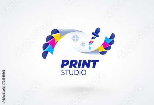 Print cmyk polygraphy logo. Cmyk sheets of paper and pipette ink. Template design vector.