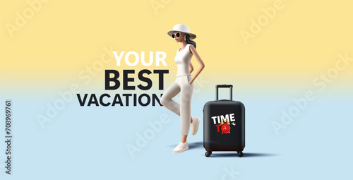 Young woman 3d illustration wearing hat and sunglasses with black suitcase, vacation time banner