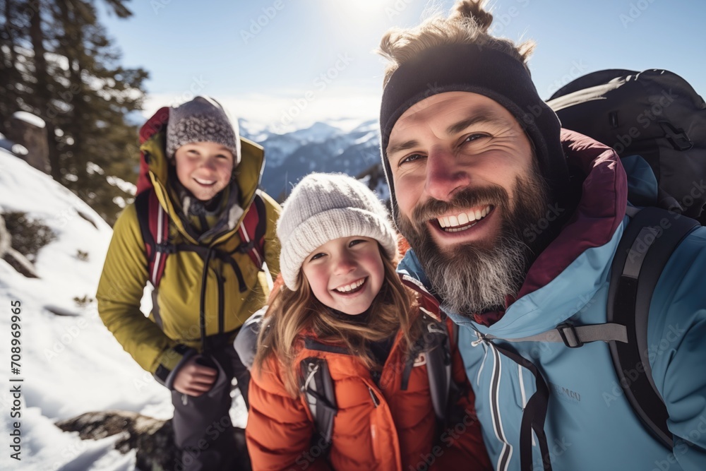 Smiling father and his children in sunny snowy mountains actively hiking leading active and healthy lifestyle while travelling during winter holidays and vacation for quality family time