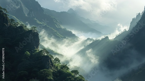  a view of a mountain range covered in fog and mist from a bird's eye view of a valley with tall, green trees and mountains in the distance. © Olga