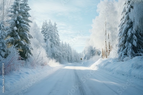  a snow covered road in the middle of a forest with lots of snow on both sides of the road and trees on both sides of the side of the road.