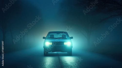 A vintage car s headlights shine through a dense fog on a secluded road  creating an eerie nocturnal scene.