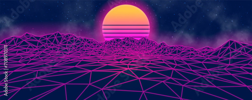 Futuristic landscape with mountains and sunset. 80s retro neon concept. Vector illustration.