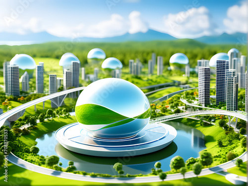 Futuristic Green Tech Solutions: AI-driven smart cities with sustainable energy, transportation, and waste management for a greener world. #708970533