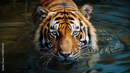  a close up of a tiger in a body of water with it's head above the water's surface and it's head above the water's surface.