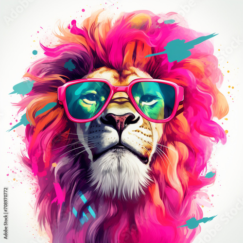 Colorful portrait of a lion with glasses