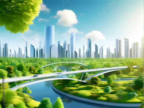Futuristic eco-tech: AI-driven smart cities, renewable energy, sustainable transport & waste mgmt.