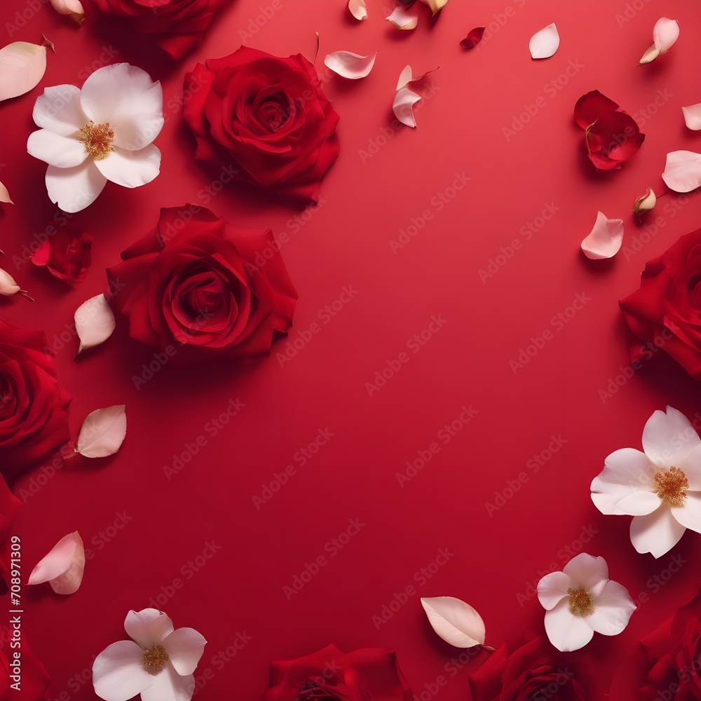 Valentine's Day Flying petals and red roses on a red background with copy space. Creative floral levitation in the air nature layout. Spring blossom concept for wedding, women, Mother, Valentine day