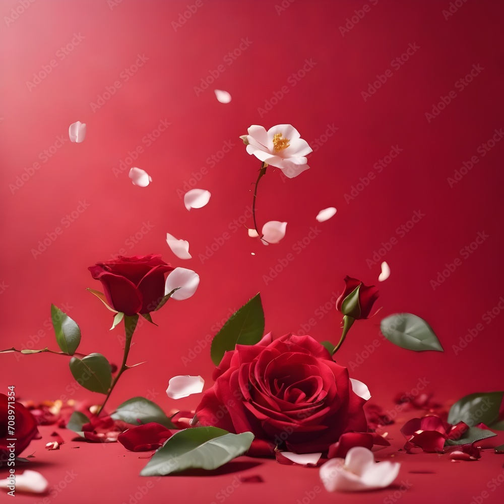Valentine's Day Flying petals and red roses on a red background with copy space. Creative floral levitation in the air nature layout. Spring blossom concept for wedding, women, Mother, Valentine day