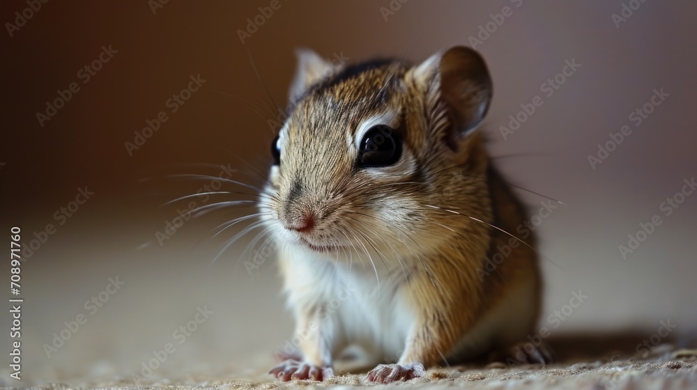Fototapeta premium a close up of a small rodent sitting on a carpet looking at the camera with a curious look on it's face, with a blurry background.