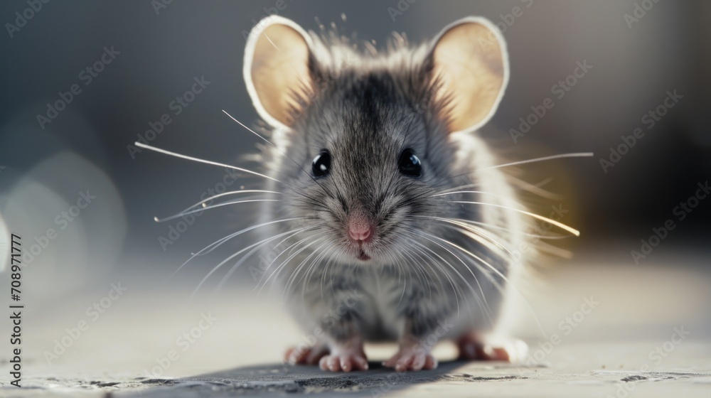  a close up of a rodent on a table looking at the camera with a blurry background and a blurry background to the left of the rodent in the foreground.