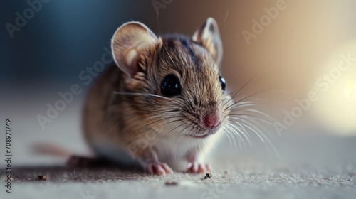  a close up of a small rodent on a white surface with a blurry light in the background and a blurry light in the middle of the background.