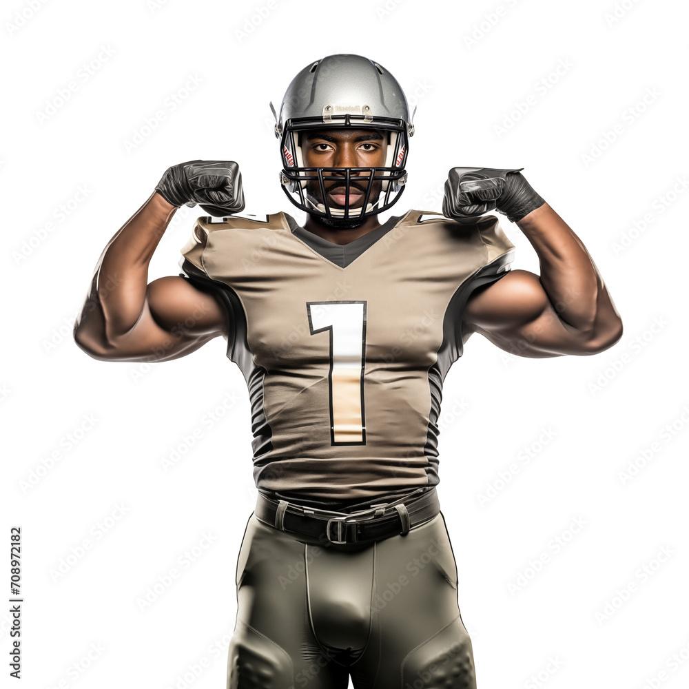 Black american football portrait with hands on his chest, isolated background