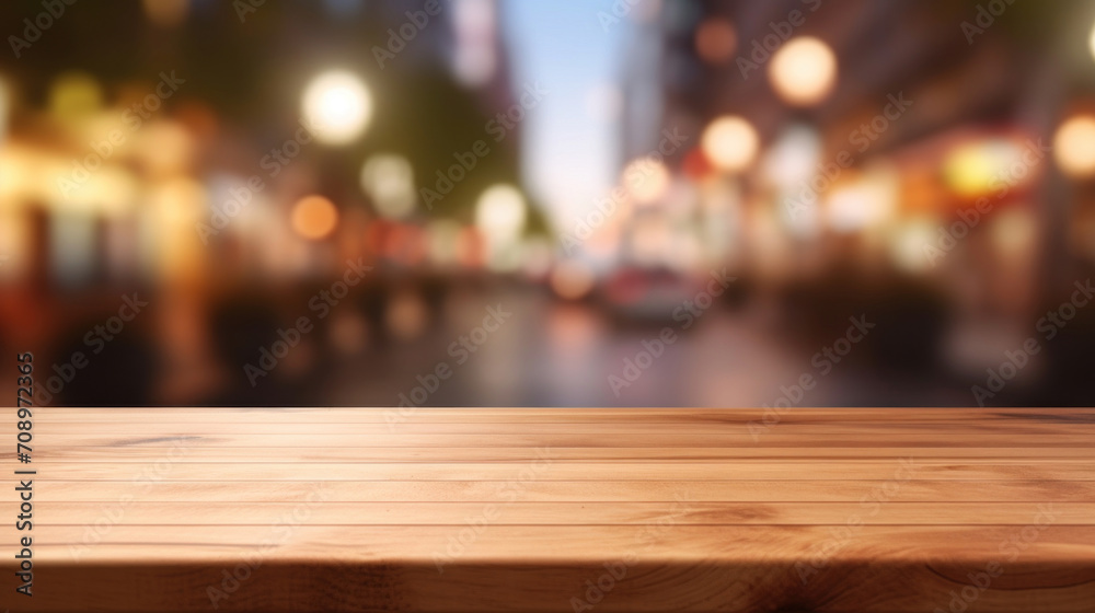 An empty wooden table with a defocused blur of city lights and urban nightlife in the background.