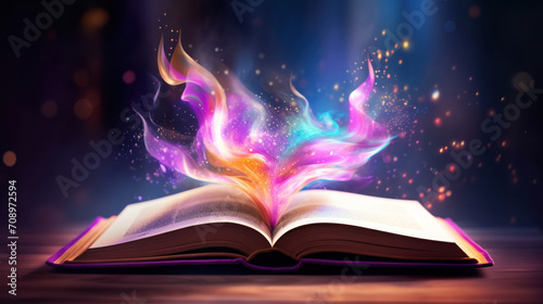 An open book on a wooden surface radiates a magical swirl of colorful lights, bringing fantasy to life.
