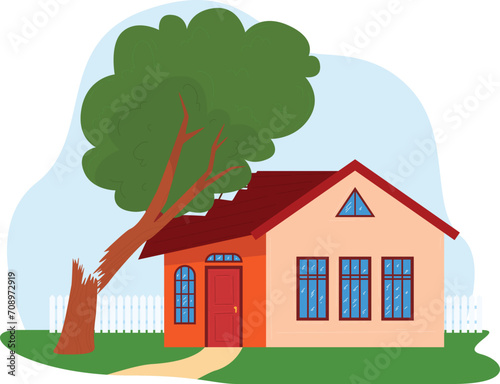 Family house with broken tree branch on roof after storm. Home damaged by fallen tree, insurance concept vector illustration.