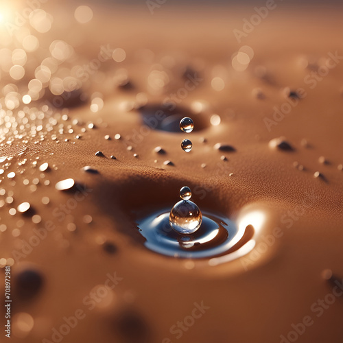 Wasser Tropfen Tau Regen fällt auf Wüste Sand in morgentlicher Stimmung mit Sonne Strahlen und glitzer sommerliche frische, lebendig, dynamisch fließt feuchtigkeit Umwelt, Wasserhaushalt, Bewässerung photo