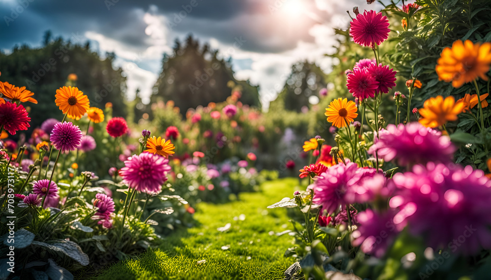 Obraz premium Nahaufnahme eines schönen Gartens voller bunter Blumen und Blüten an einem sonnigen Tag im Frühling oder Sommer nach einem Regen mit strahlendem Sonnenschein, Gärtnern, Park, gestalten
