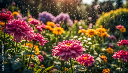 Nahaufnahme eines schönen Gartens voller bunter Blumen und Blüten an einem sonnigen Tag im Frühling oder Sommer nach einem Regen mit strahlendem Sonnenschein, Gärtnern, Park, gestalten